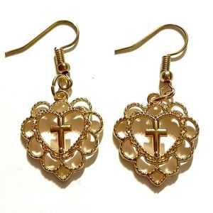 Gold Cross Heart Dangle Earrings